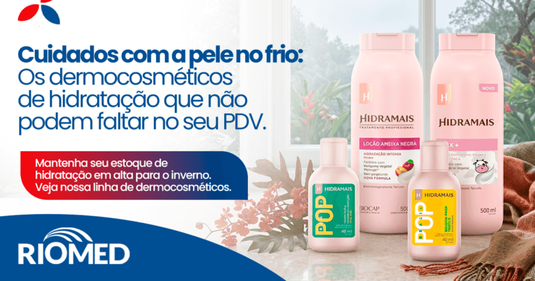 seção de dermocosméticos de hidratação organizada em farmácia para o inverno — hidratantes corporais, cremes faciais e bálsamos