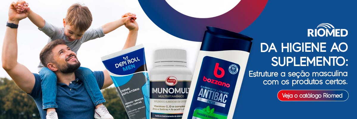 Da higiene ao suplemento: estruture a seção masculina com os produtos certos. Veja o catálogo Riomed.