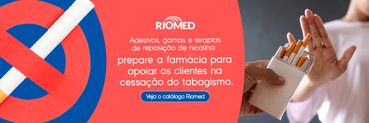 Adesivos, gomas e terapias de reposição de nicotina: prepare a farmácia para apoiar os clientes na cessação do tabagismo. Veja o catálogo Riomed.