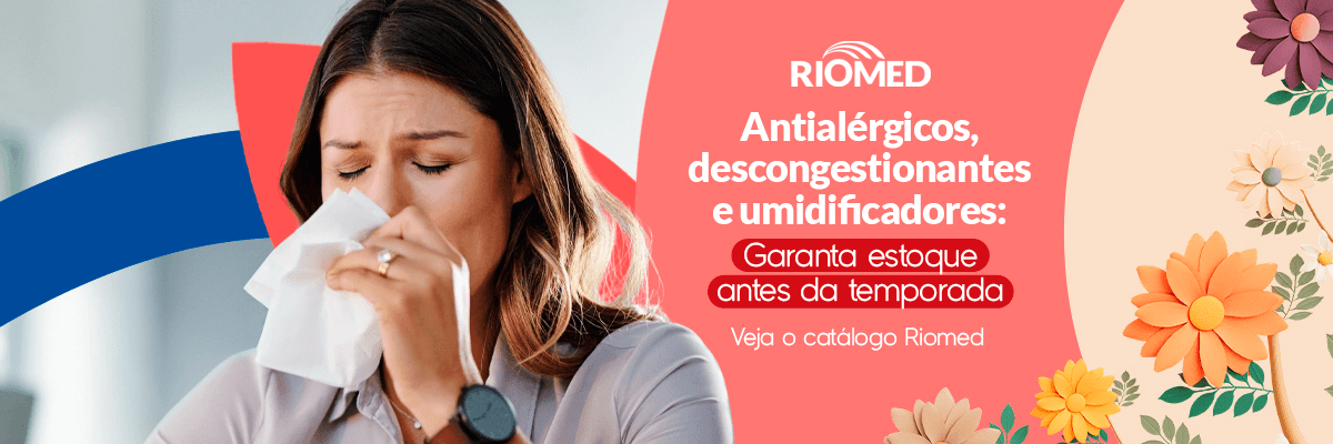 Antialérgicos, descongestionantes e umidificadores para alergias e rinite na farmácia: garanta estoque antes da temporada. Veja o catálogo Riomed.